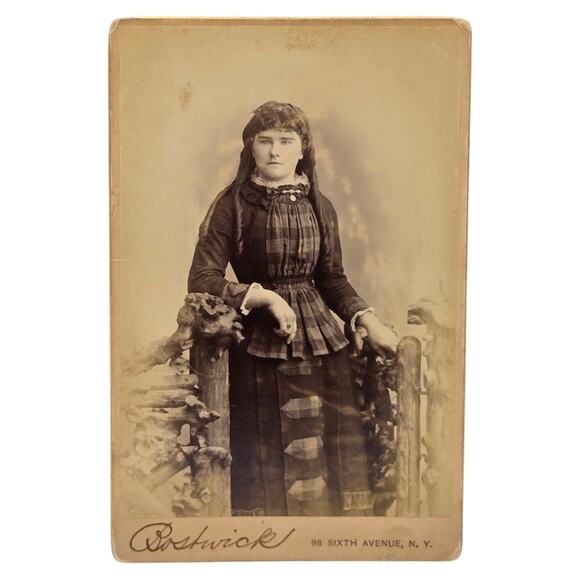 c1880 Photo Young Lady in Fabulous Plaid High Collar Dress Bostwick Cabinet Card - Picture 6 of 6